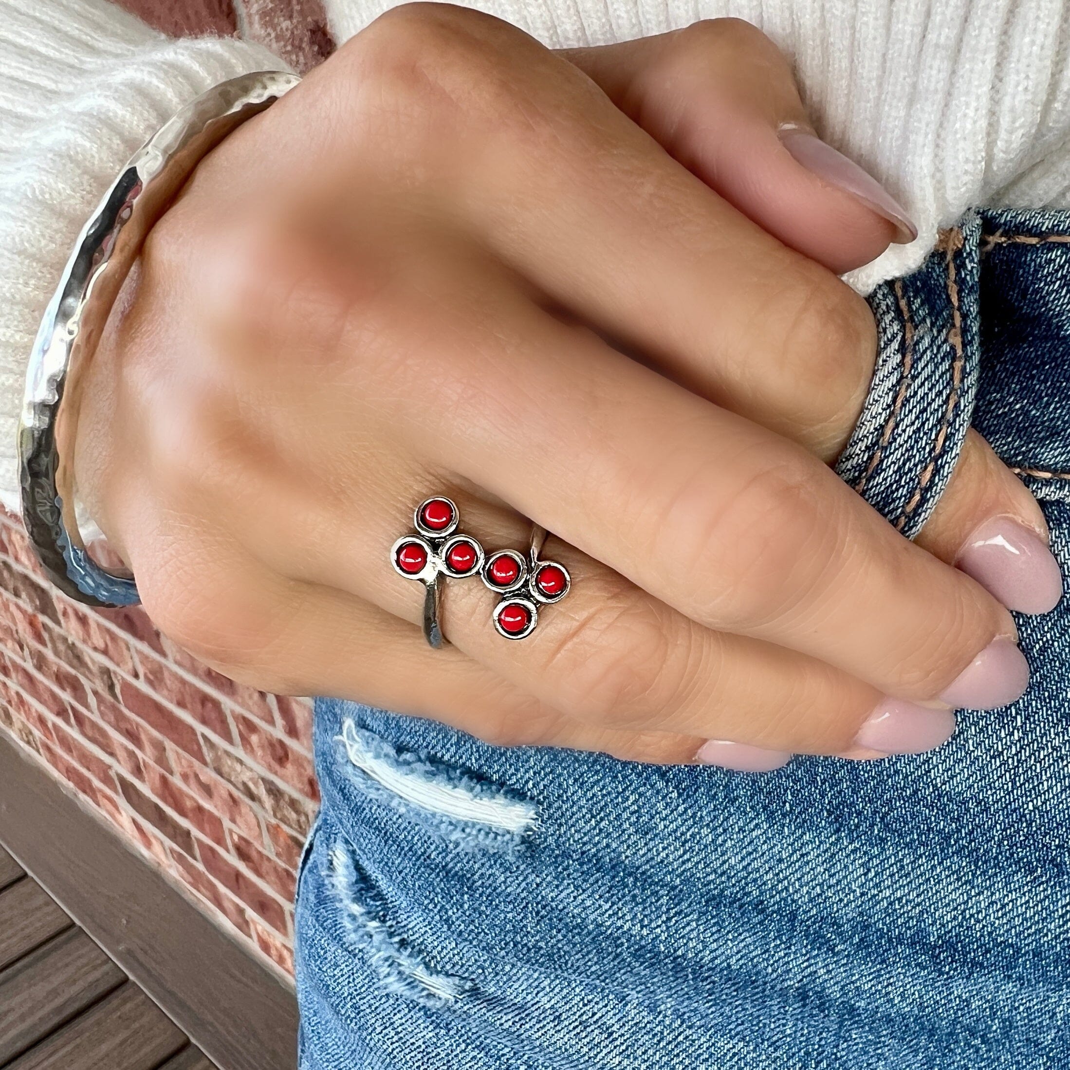 sterling silver ring with red coral stones