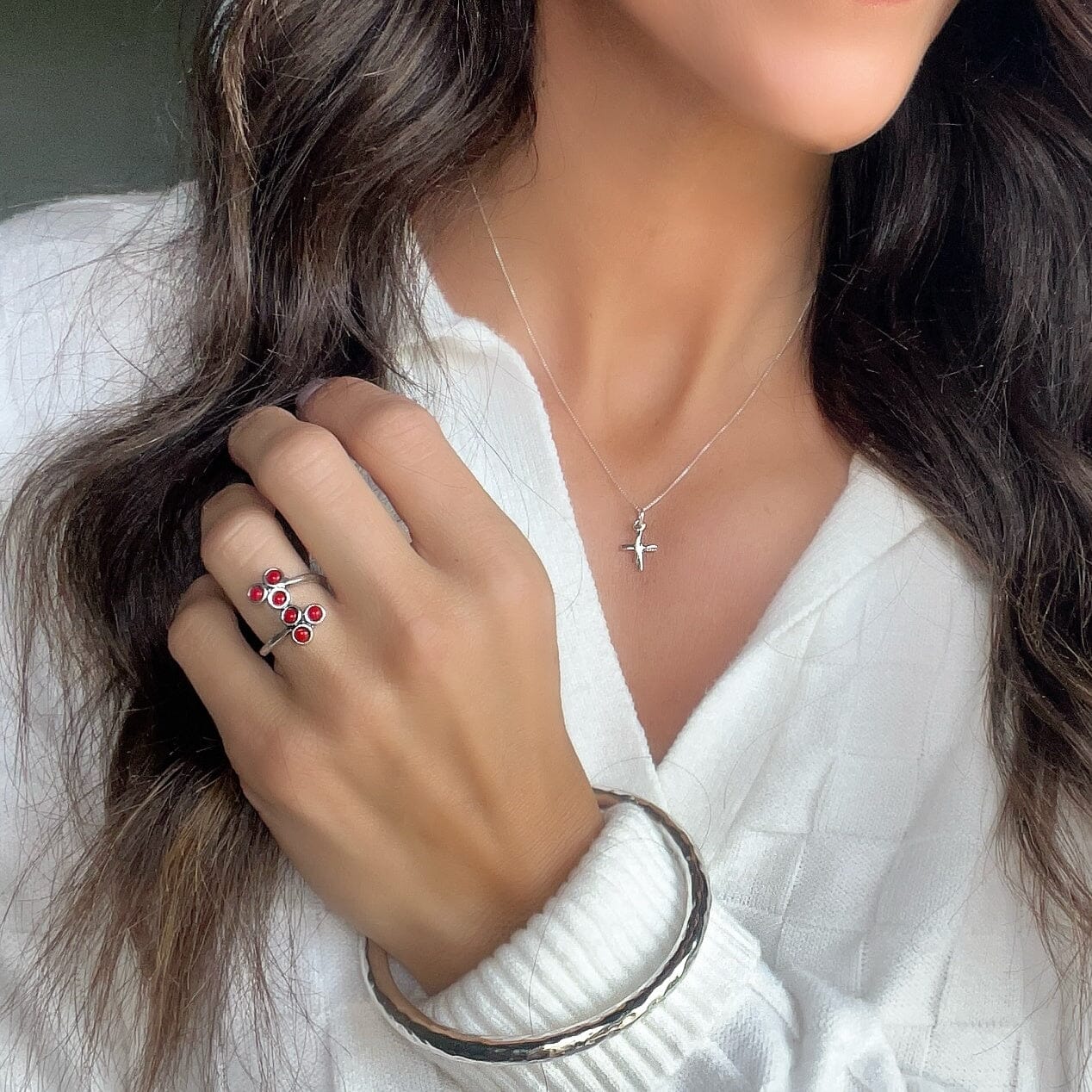 red stones set in sterling silver band. paired with the beliver necklace and essentials bangle