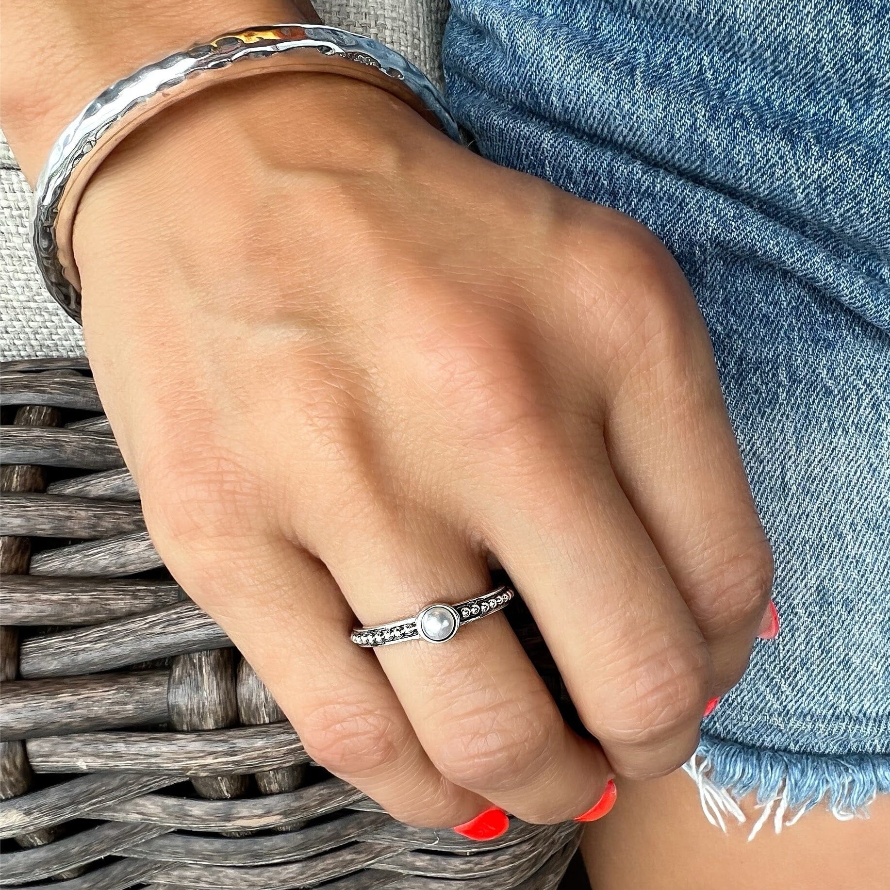 dainty pearl ring with beaded band