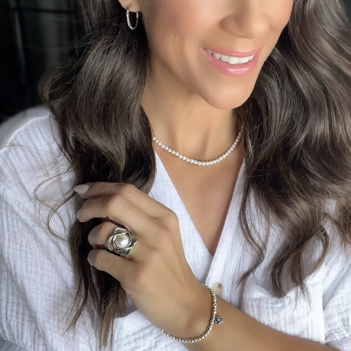 Blissful Bramble Ring paired with Rustic Hoops, Simplicity Necklace and Blue Jean Bracelet