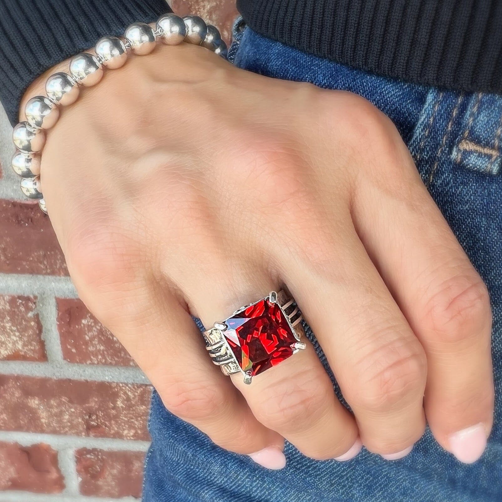 chunky silver and cranberry cz ring