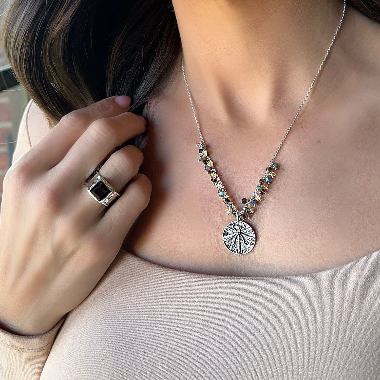 Dragonfly Confetti Necklace paired with Iced Mocha Ring