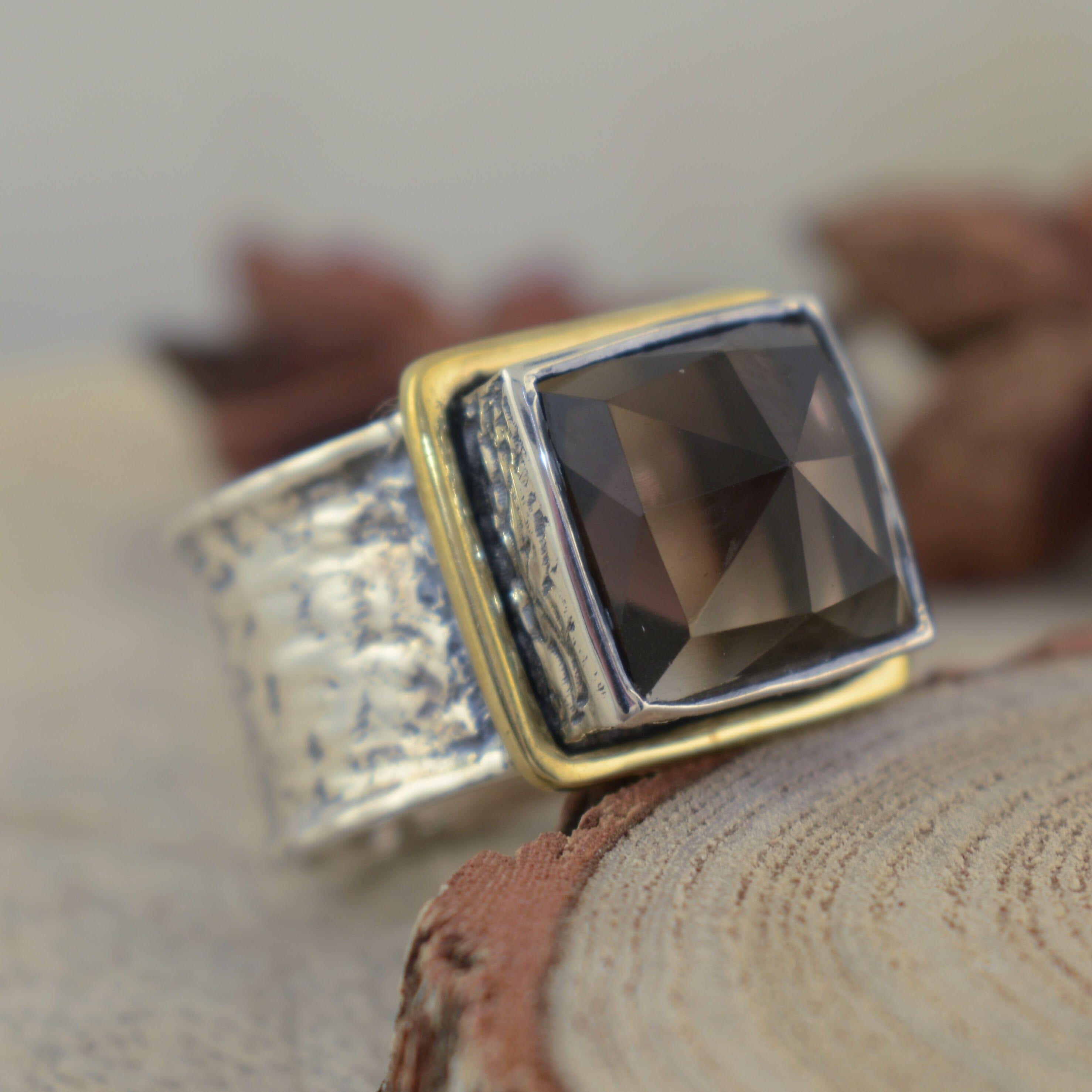 .925 sterling silver ring with brass frame and square brown smoky quartz stone