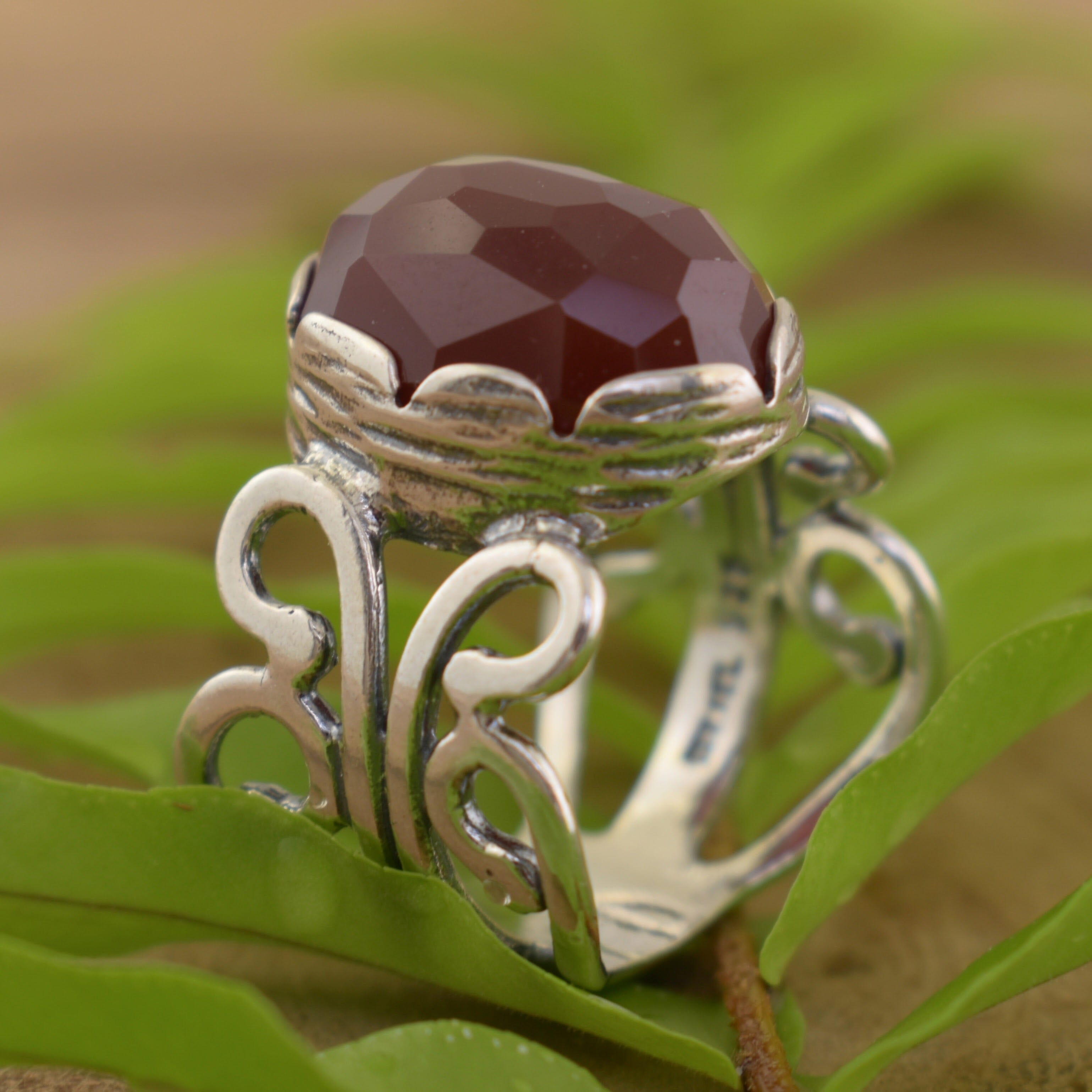 Deep red Carnelian stone ring set in antiqued sterling silver