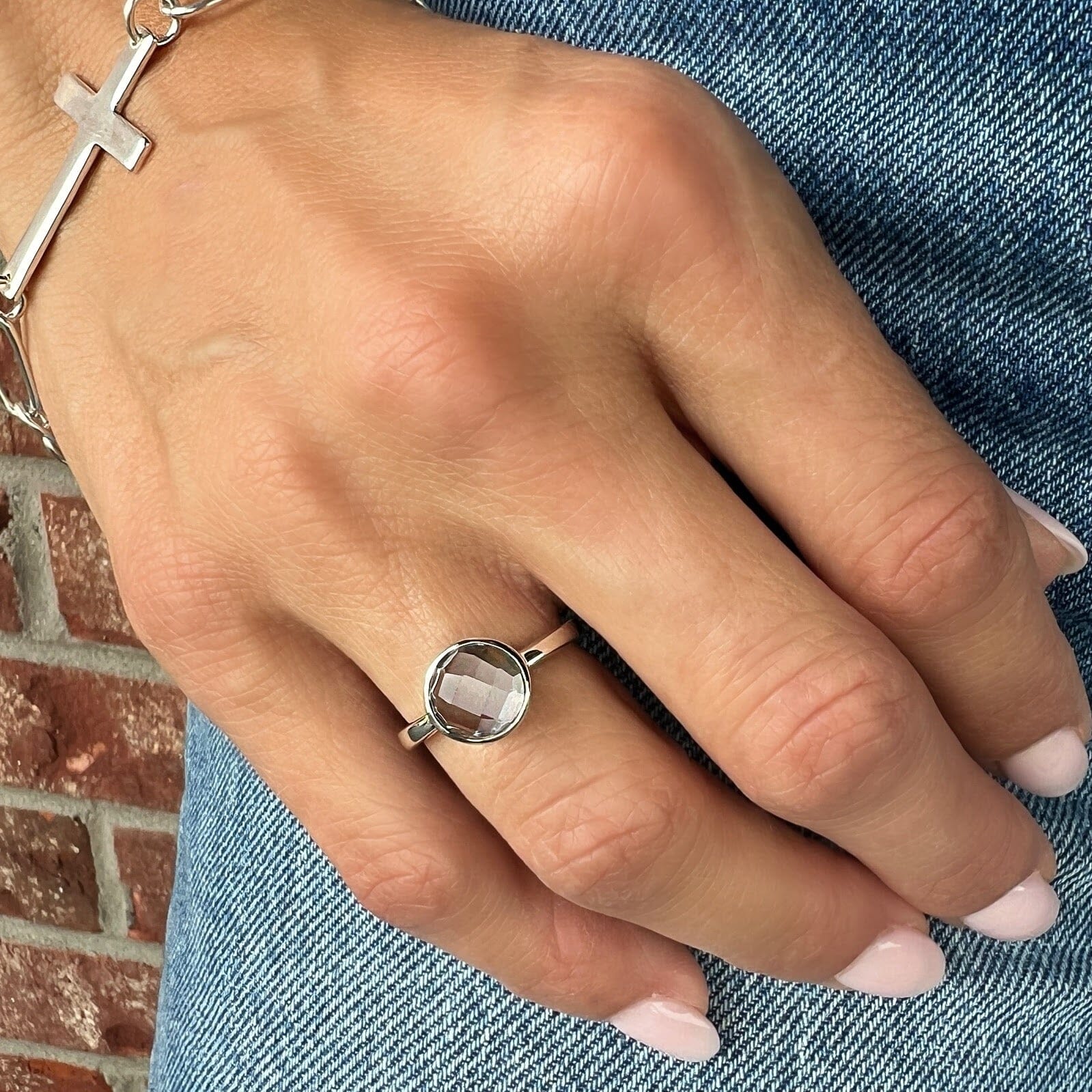 faceted rock crystal ring bezel set in handcrafted sterling silver