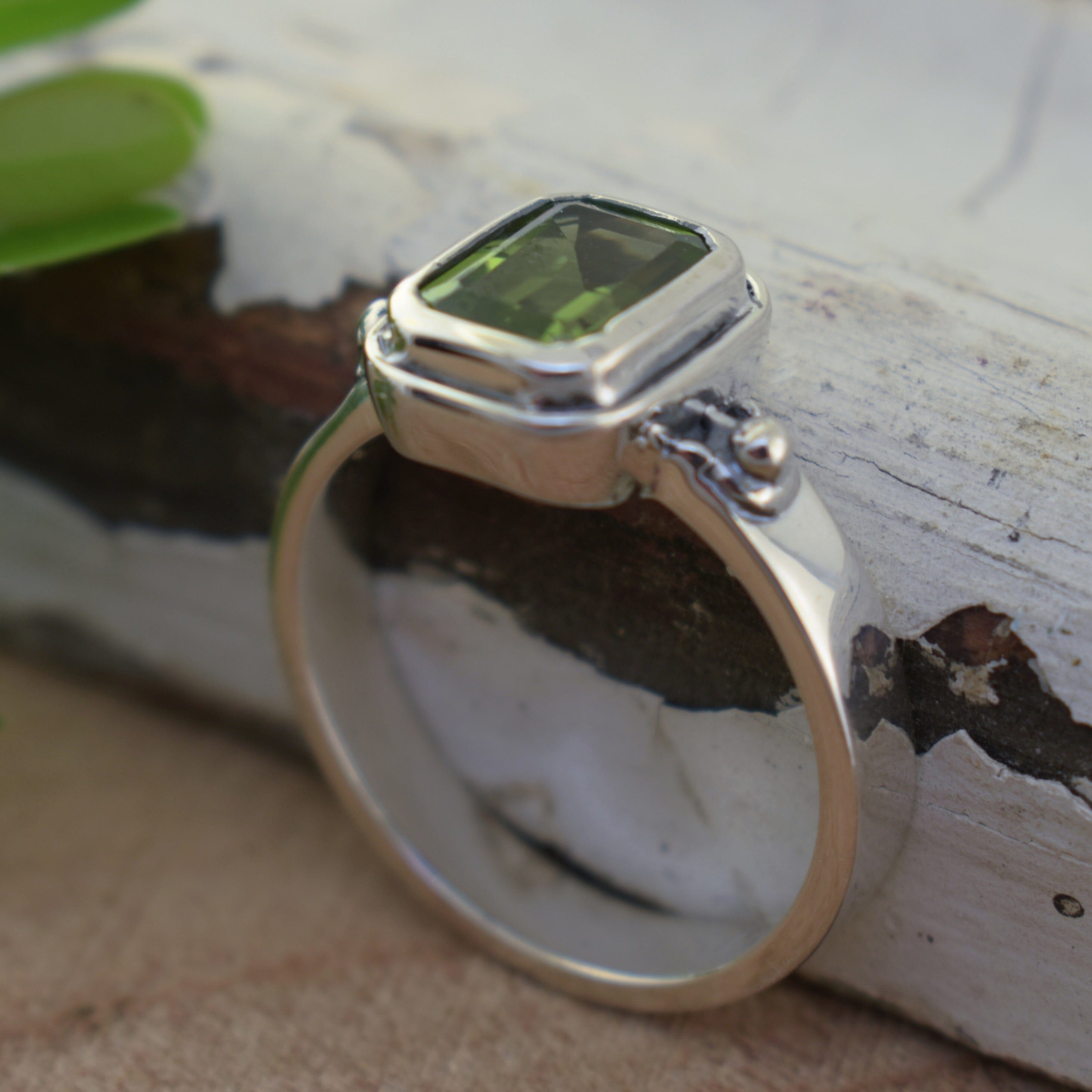 Green rectangle stone ring Kiwi Keen