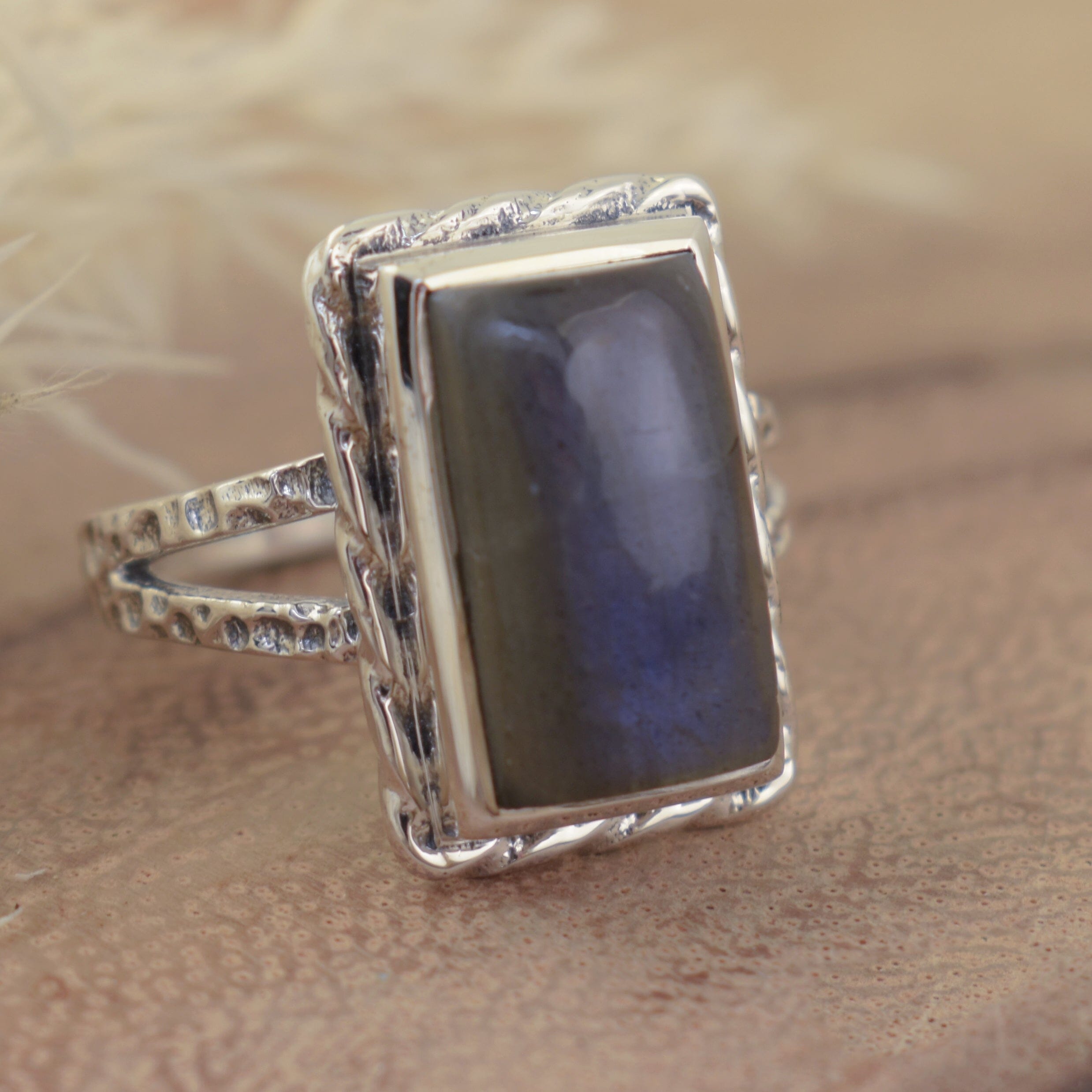 .925 sterling silver ring featuring large rectangular-shaped Labradorite stone