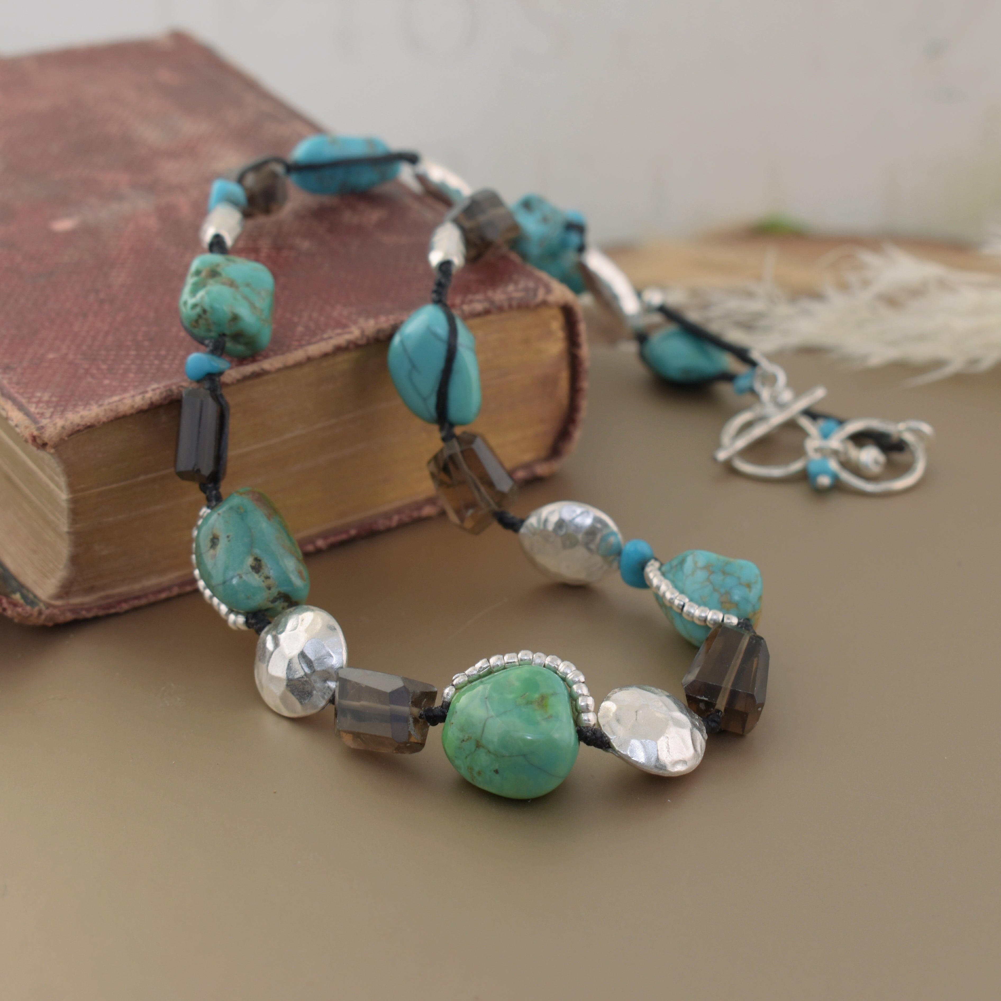 Sterling silver, Smoky Quartz and Reconstructed Turquoise necklace on black cord