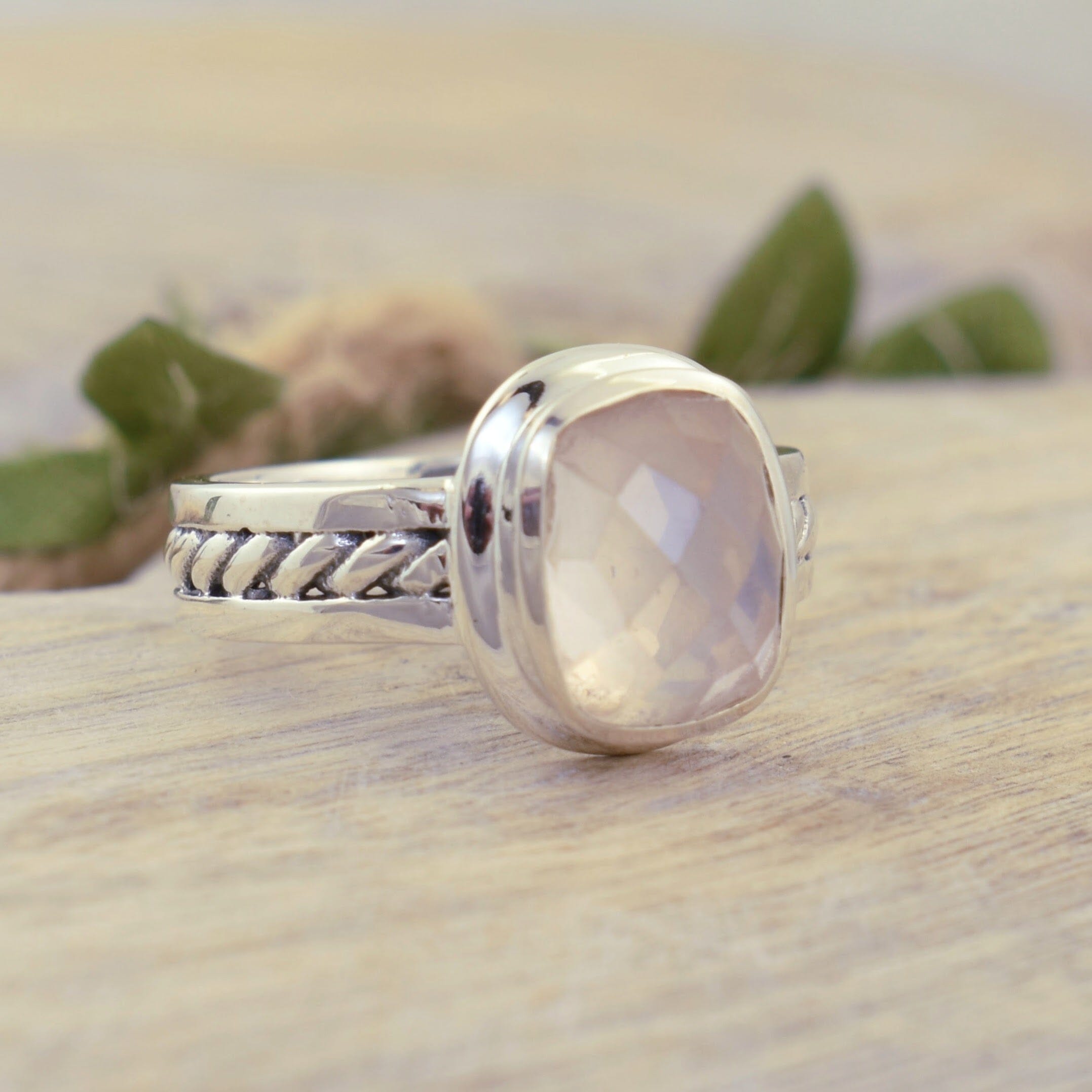 Sterling silver and fantasy cushion cut rose quartz ring