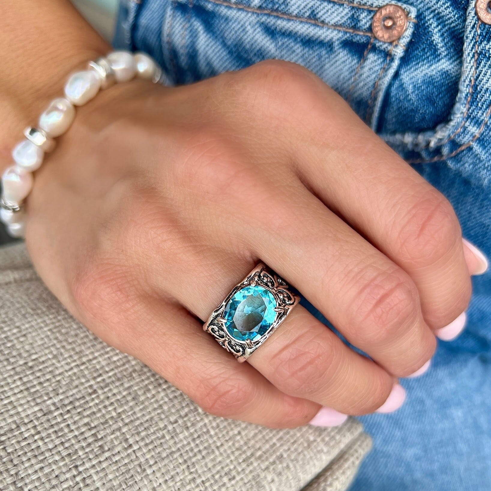 chunky aqua blue cz ring with oxidation