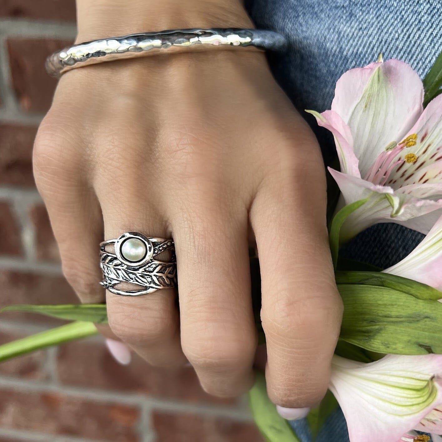 chunky sterling silver and freshwater pearl Morning Glory Ring