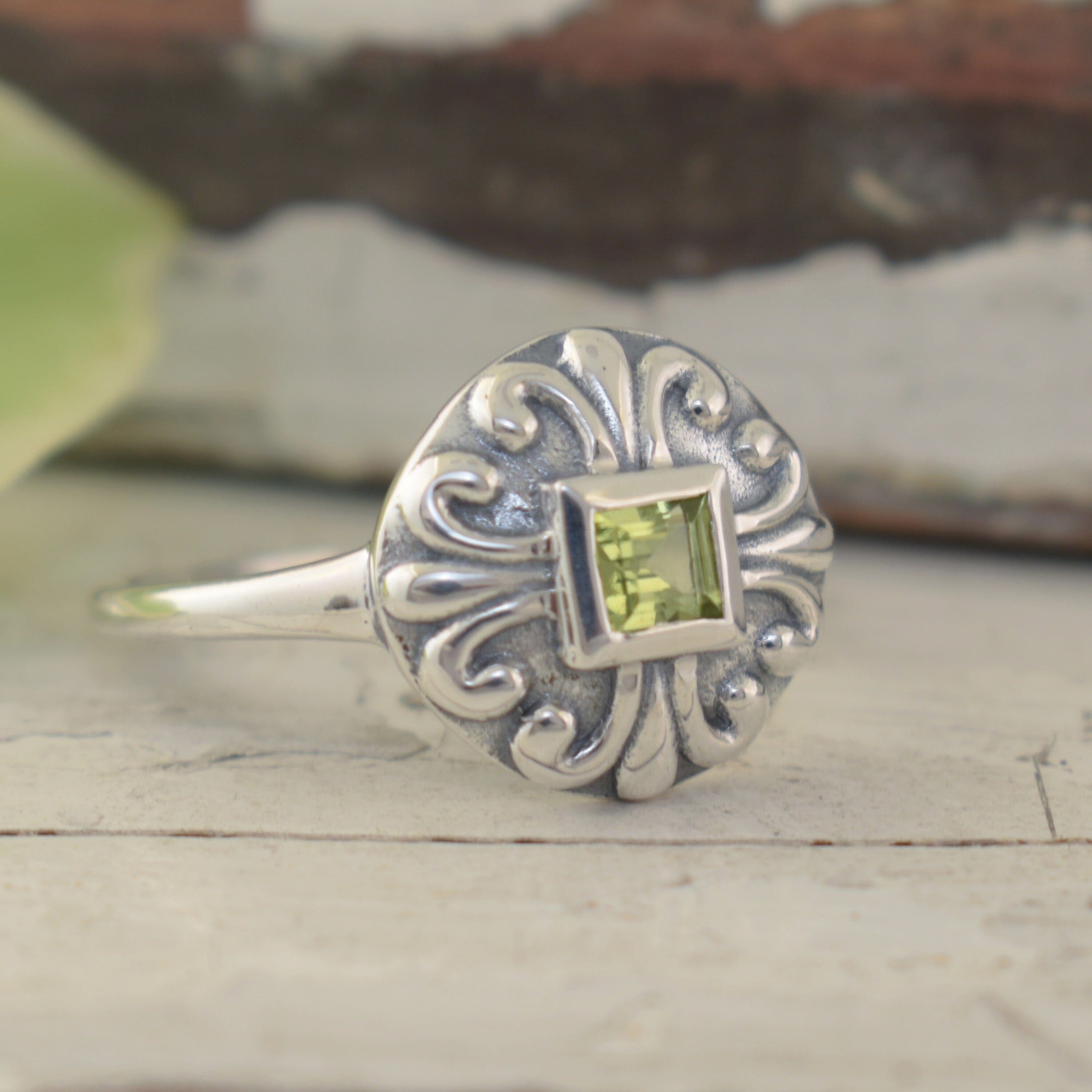 Green square stone ring set in sterling silver