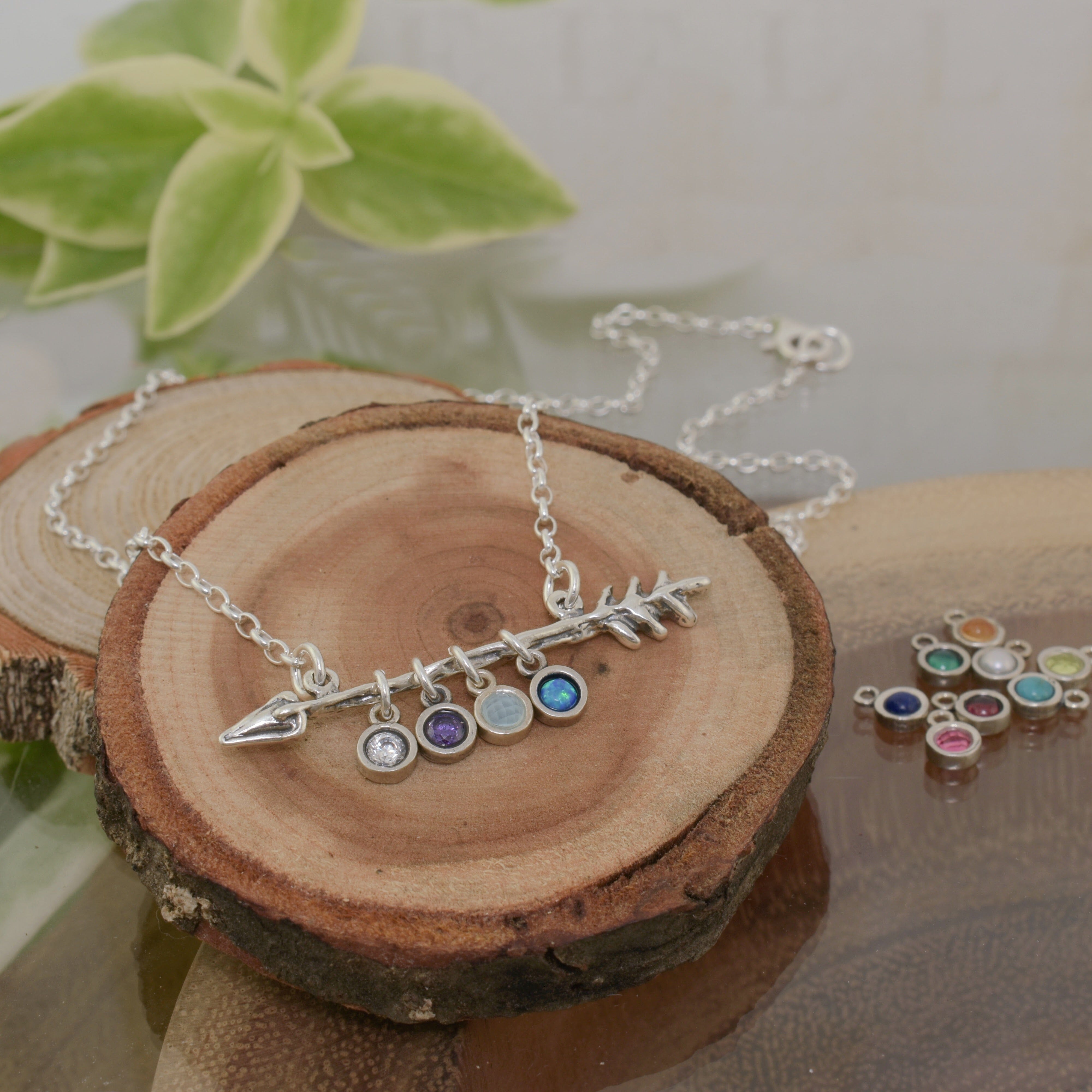 .925 sterling silver arrow necklace with personalized birthstone charms