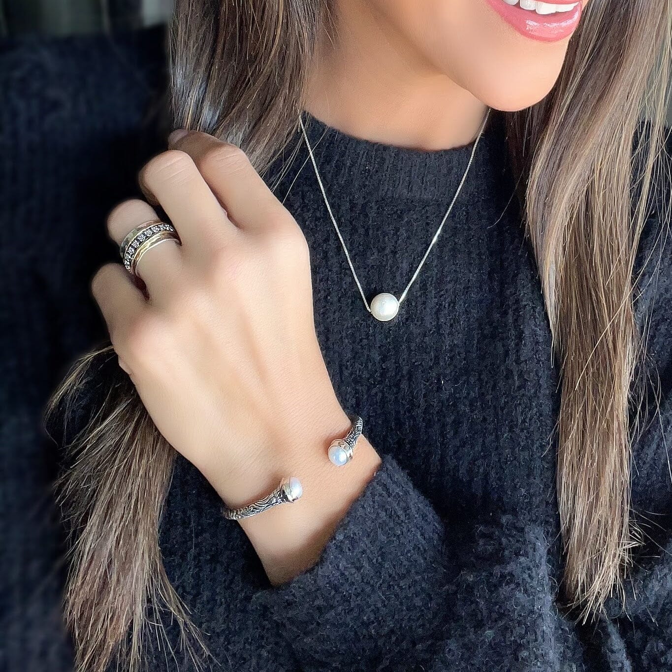 Prissy Pearl Cuff paired with Primitive Shine ring and Seaside Necklace