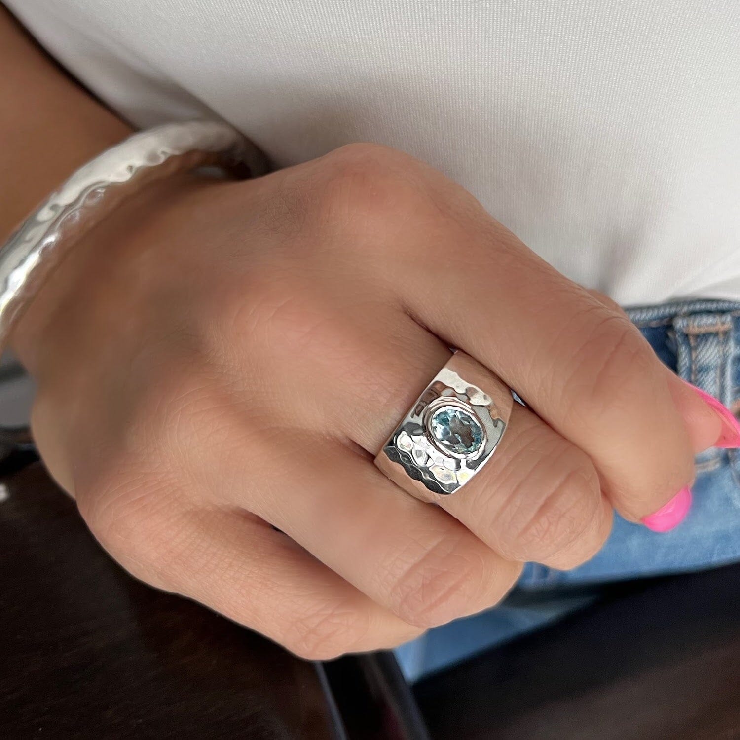 hammered blue topaz ring featured with a hammered bangle