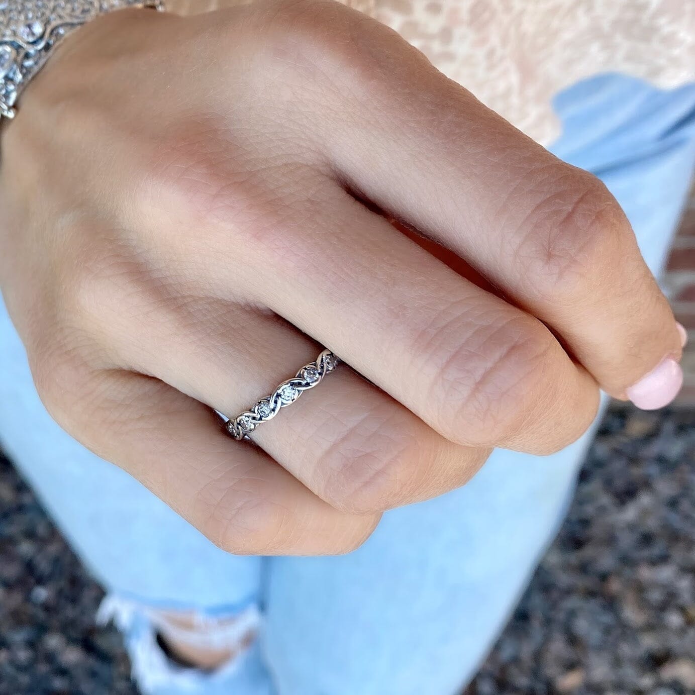 cubic zirconia eternity ring in oxidized and high polished sterling silver