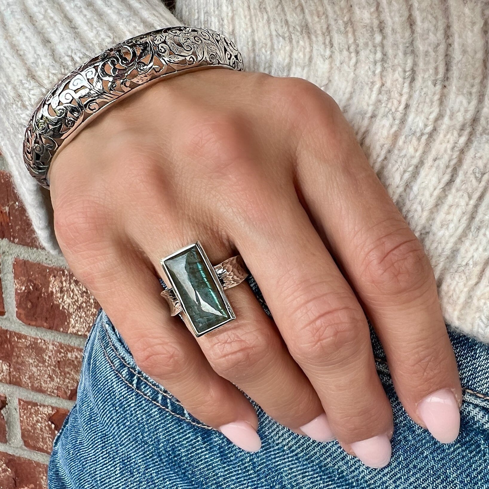 rectangular labradorite stone ring bezel set in .925 sterling silver