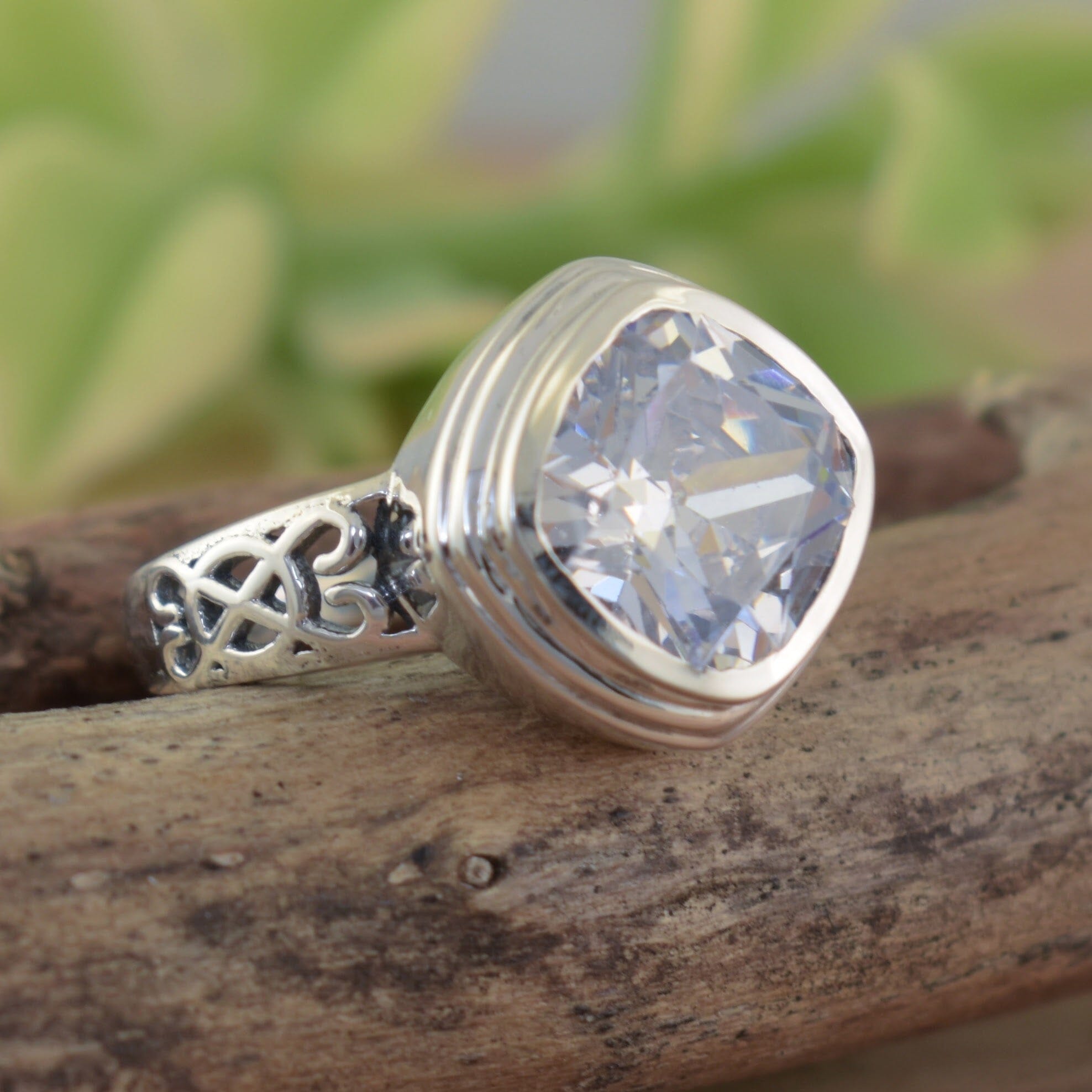 Large CZ bling ring et in antiqued sterling slver