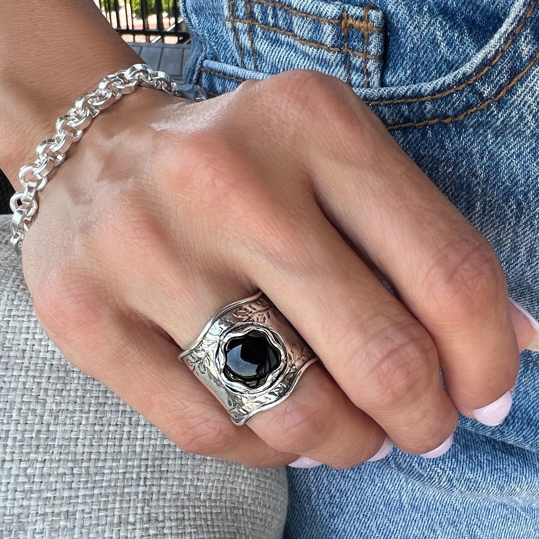 chunky black onyx ring in sterling silver