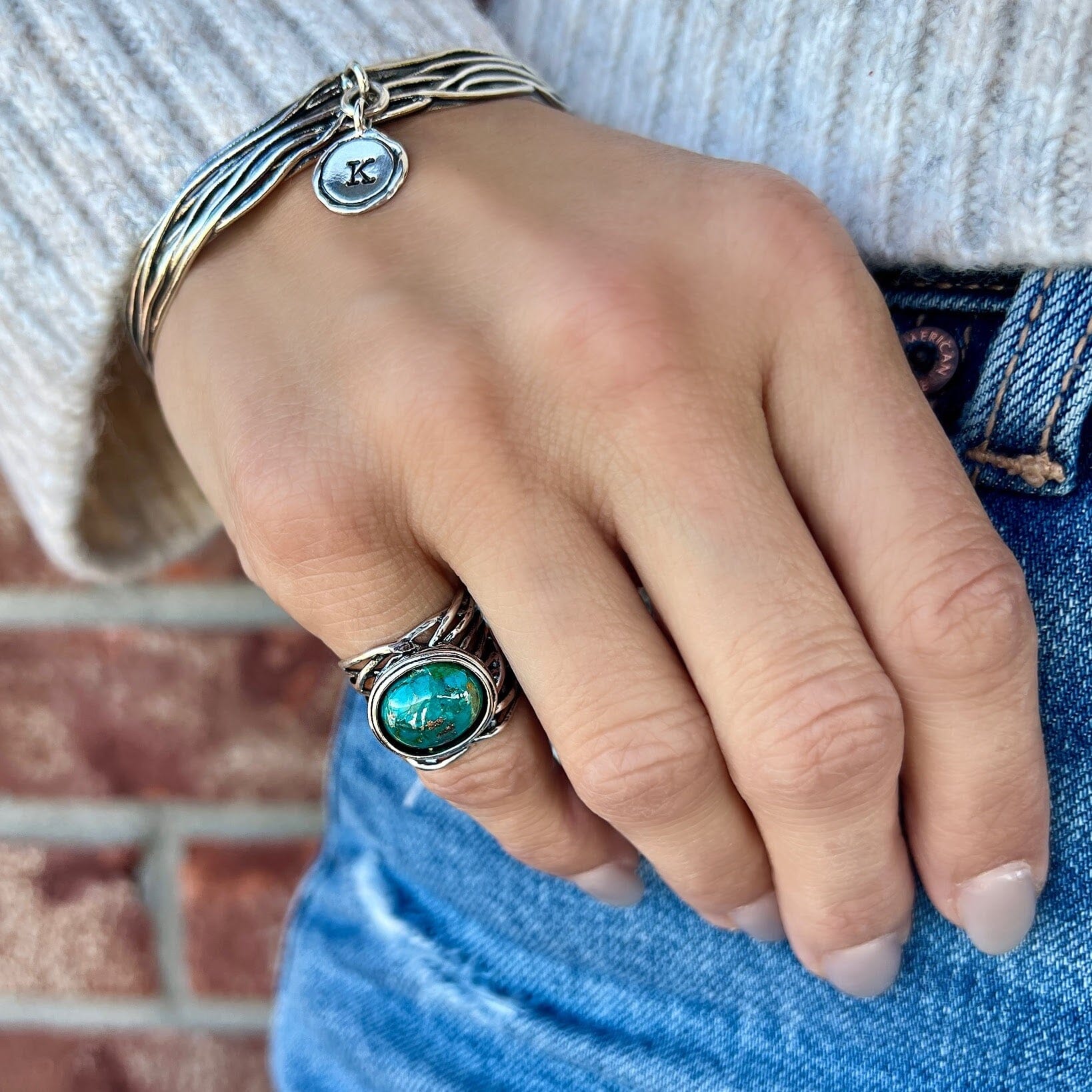 organic silver wire pinky ring with turquoise center stone