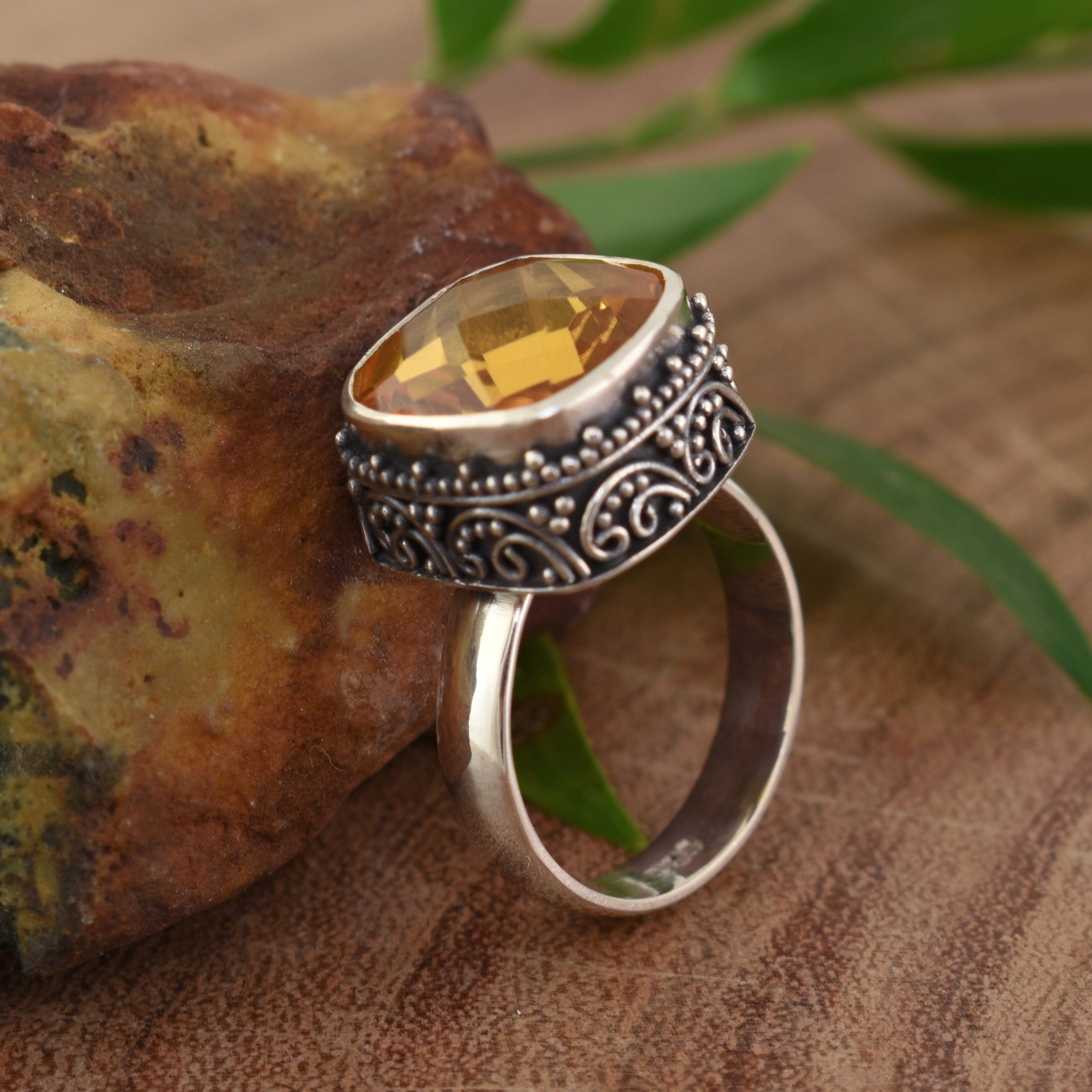 Large cushion cut citrine stone ring