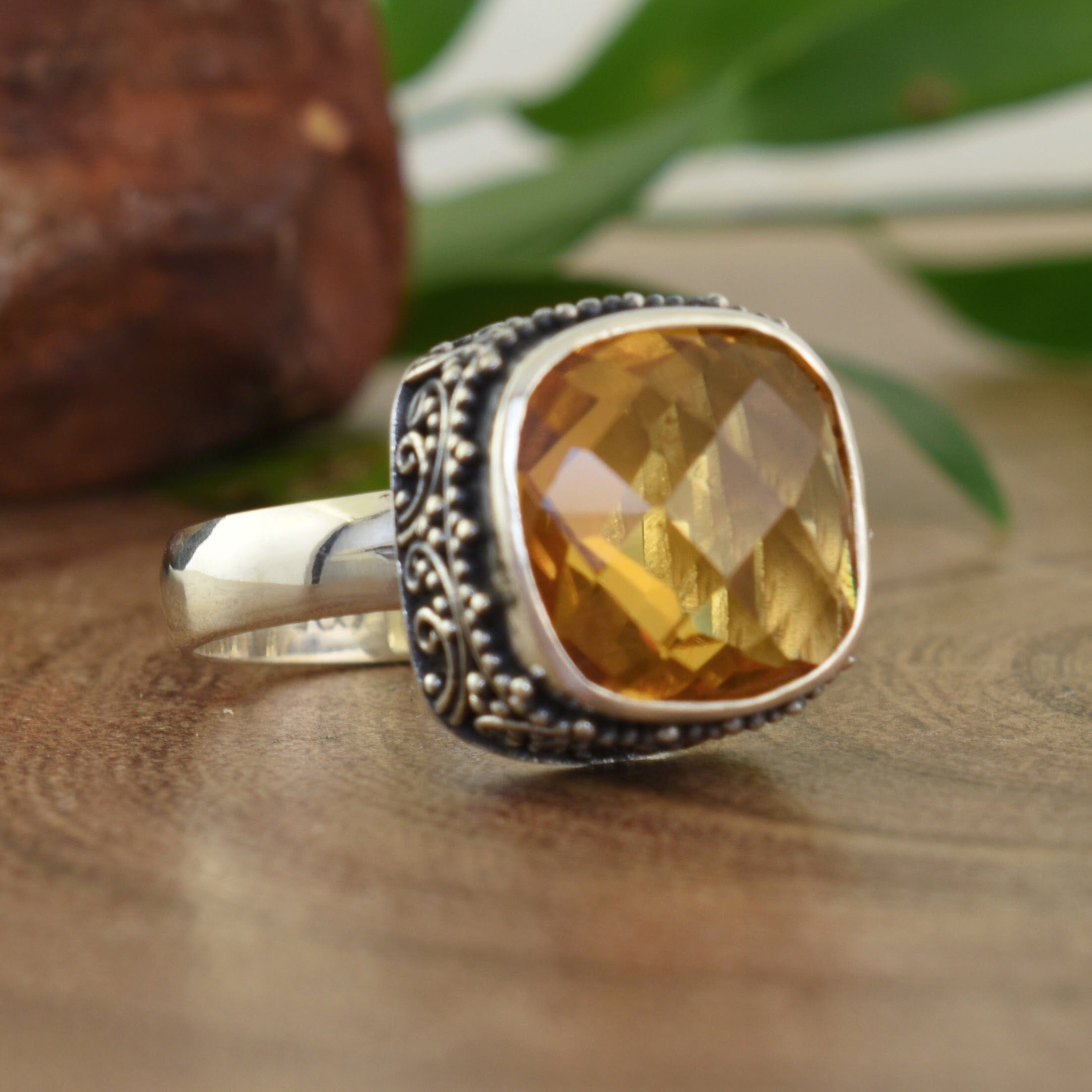 Tuscan Sun Ring featuring genuine cushion cut citrine