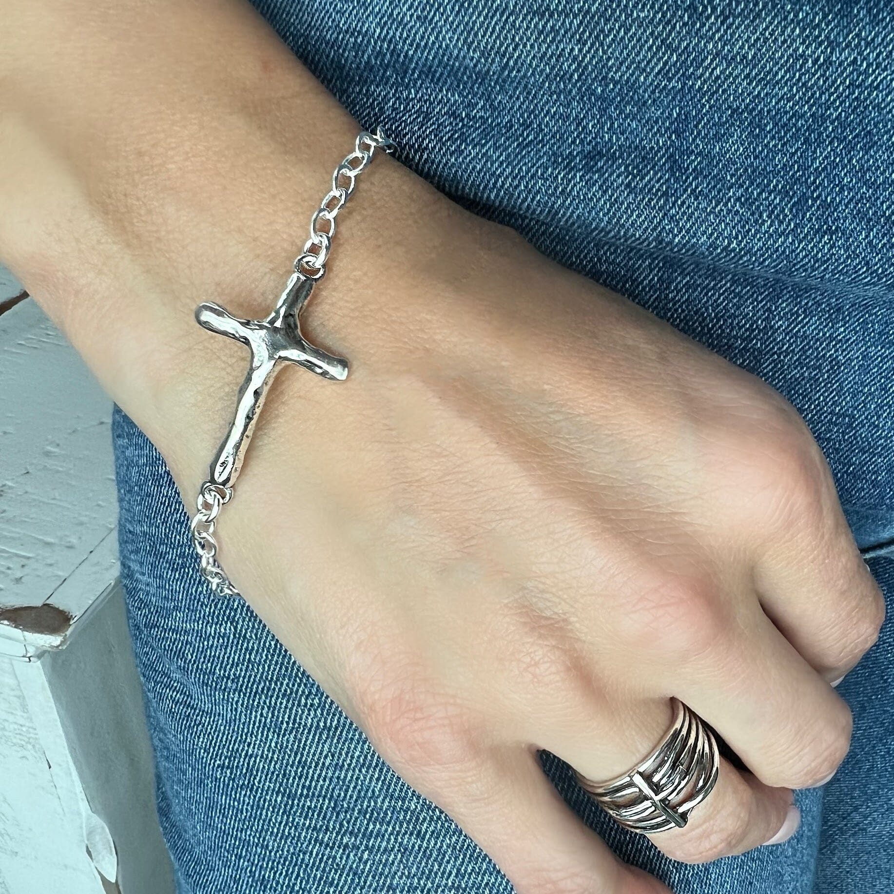 organic style cross bracelet in sterling silver