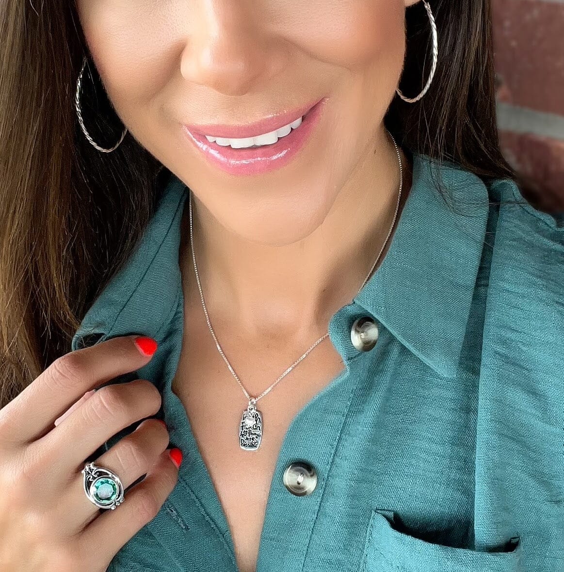 With Faith Necklace worn with Tropical Teal ring and Pulled Taffy Earrings