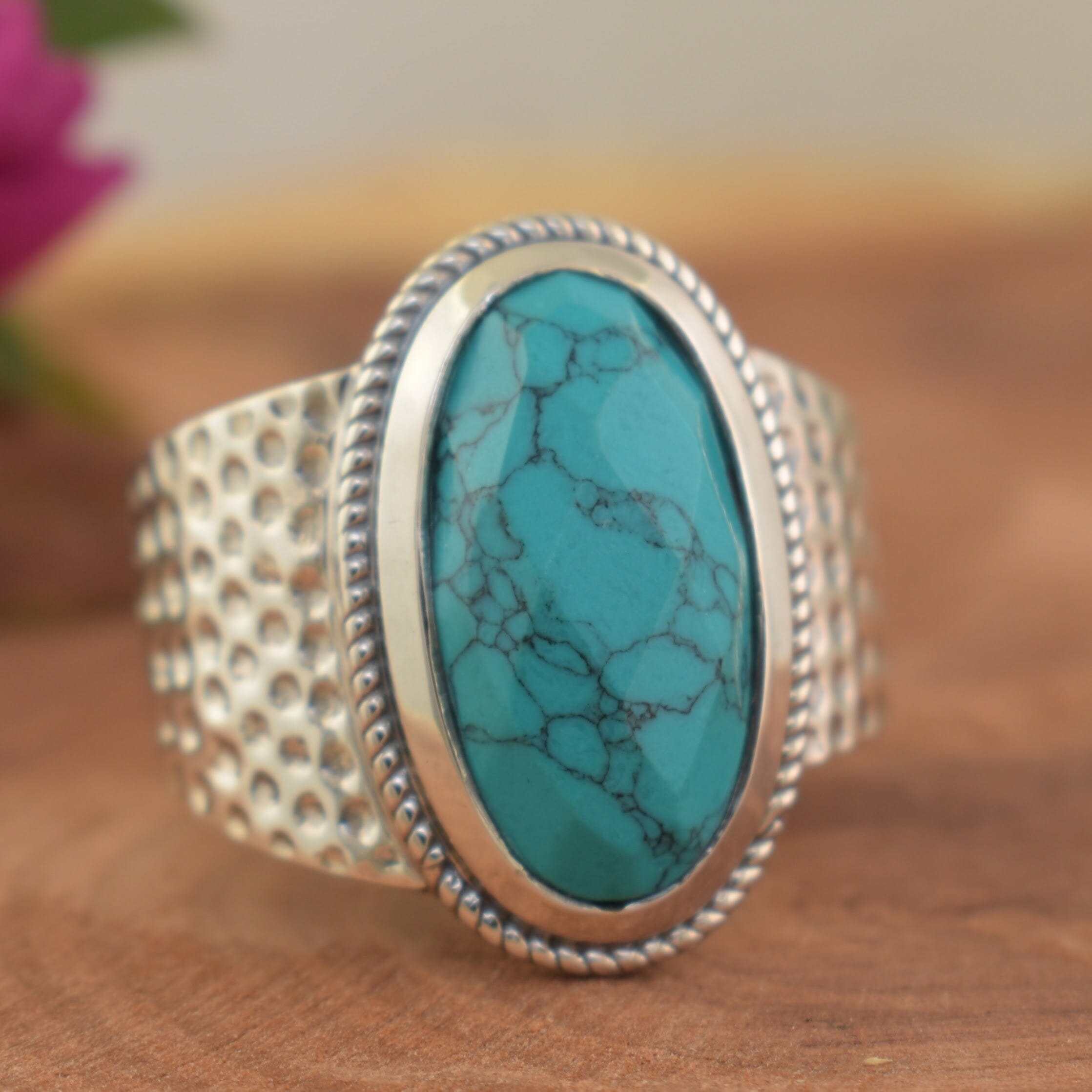 chunky designer turquoise ring handcrafted in sterling silver