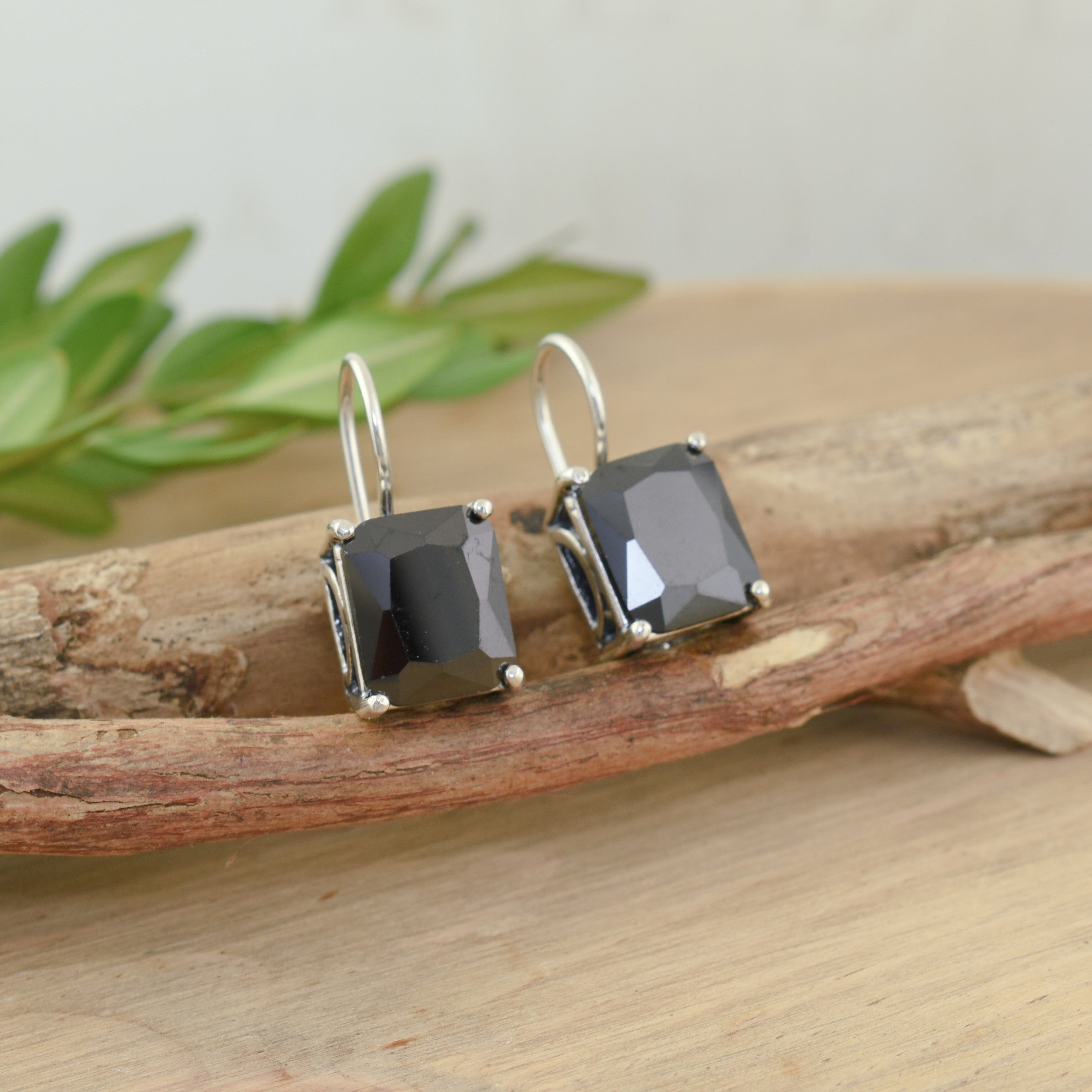 Black rectangular earrings set in .925 sterling silver