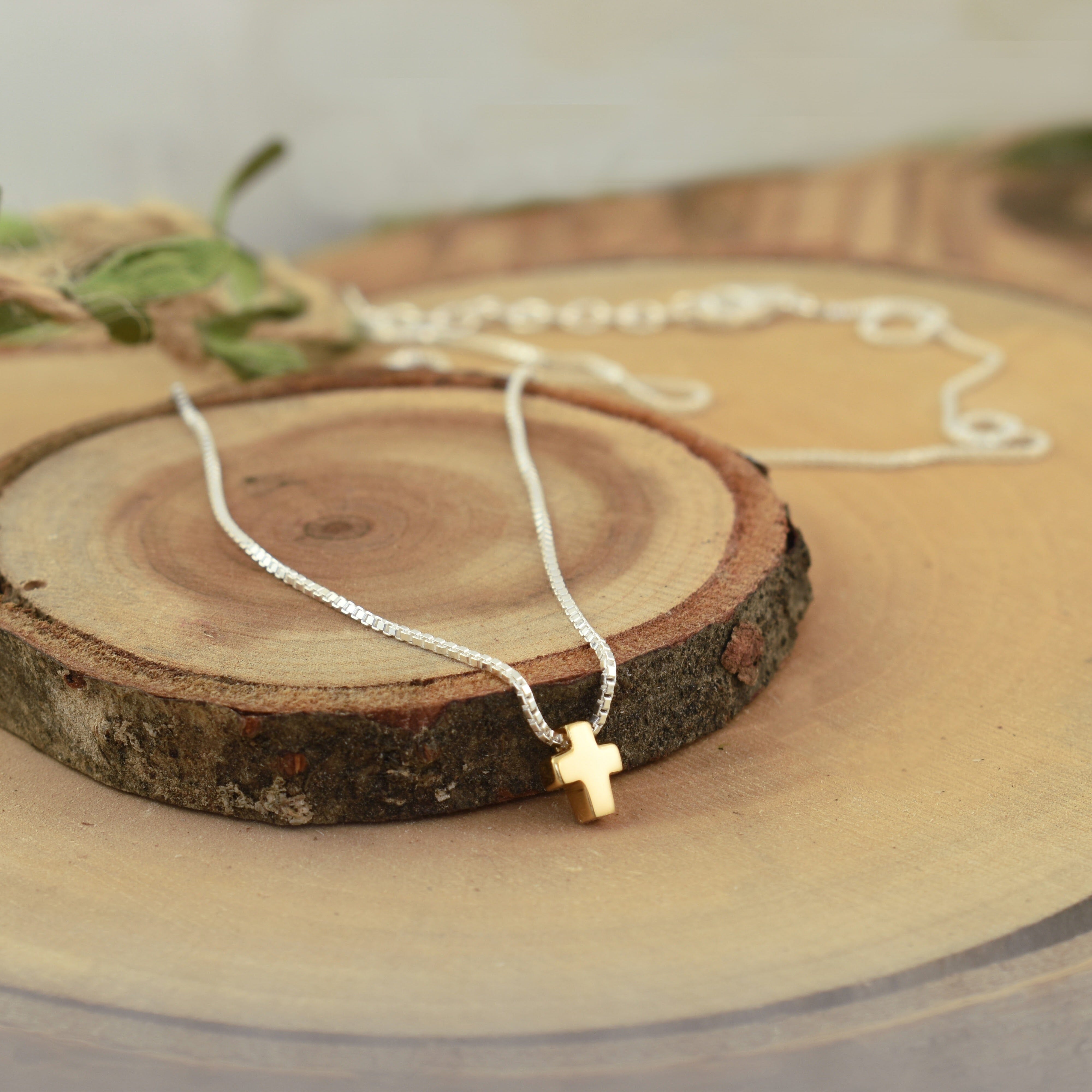 two toned Itty Bitty Cross Necklace in sterling silver & gold