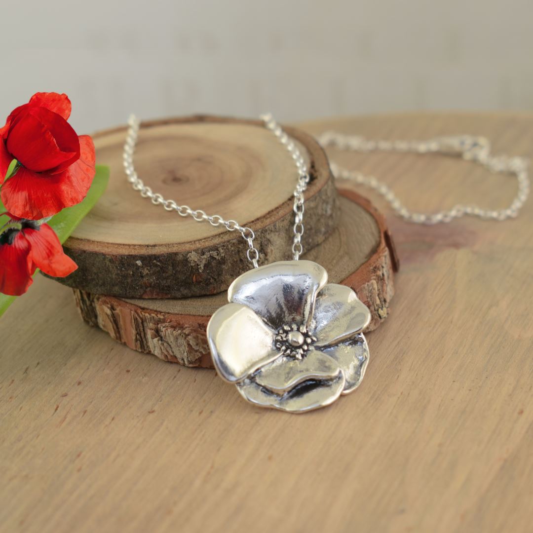 .925 sterling silver poppy birth month flower necklace