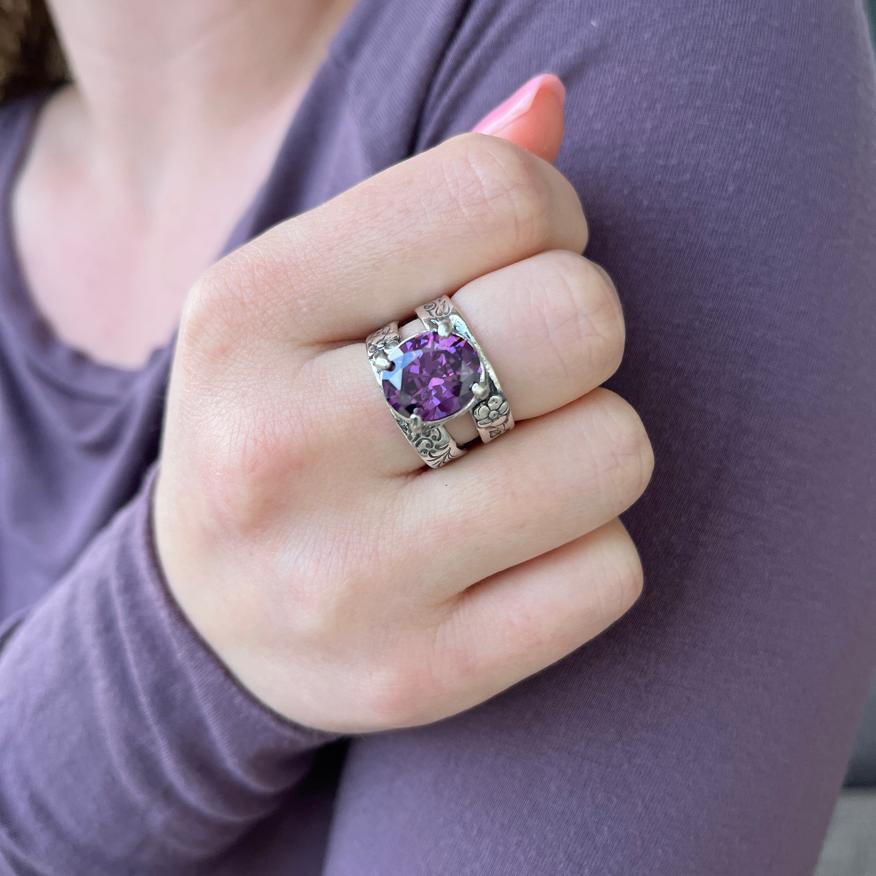 purple amethyst ring with a double floral band, purple pout