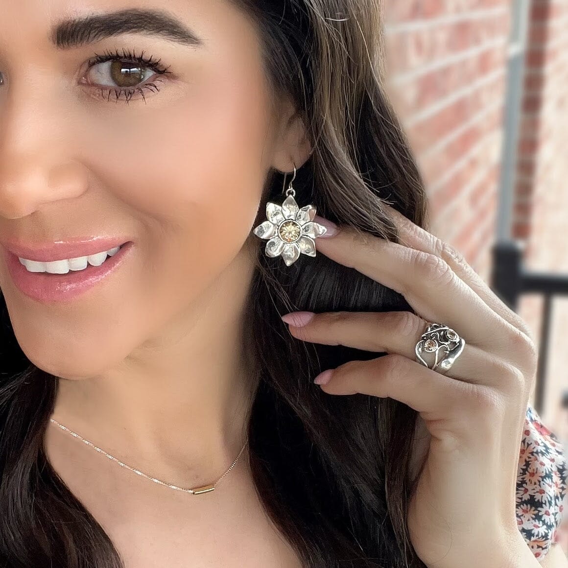 Sunflower Earrings paired with Sunlit Tide Ring and Eseese Necklace