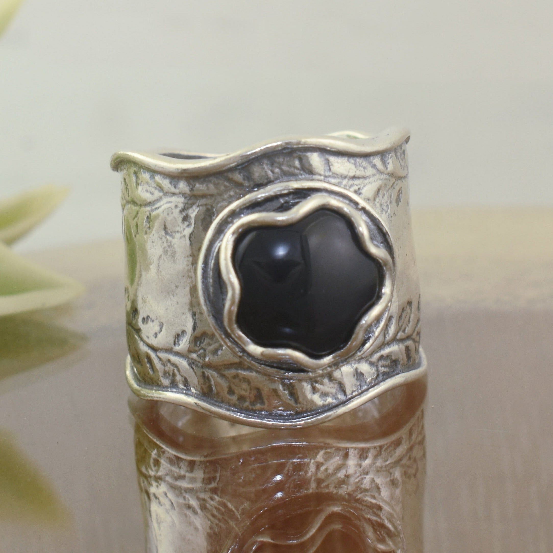 wide silver ring bezel set with black onyx - Through The Night