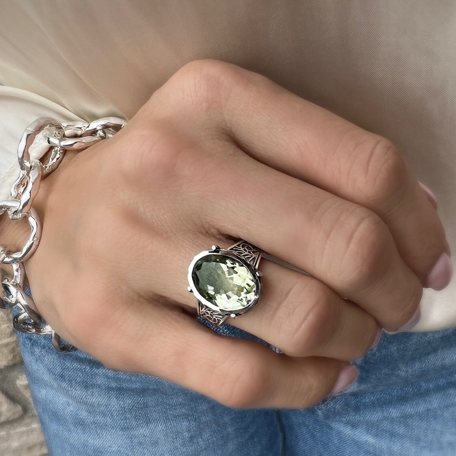 prong set soft green amethyst ring