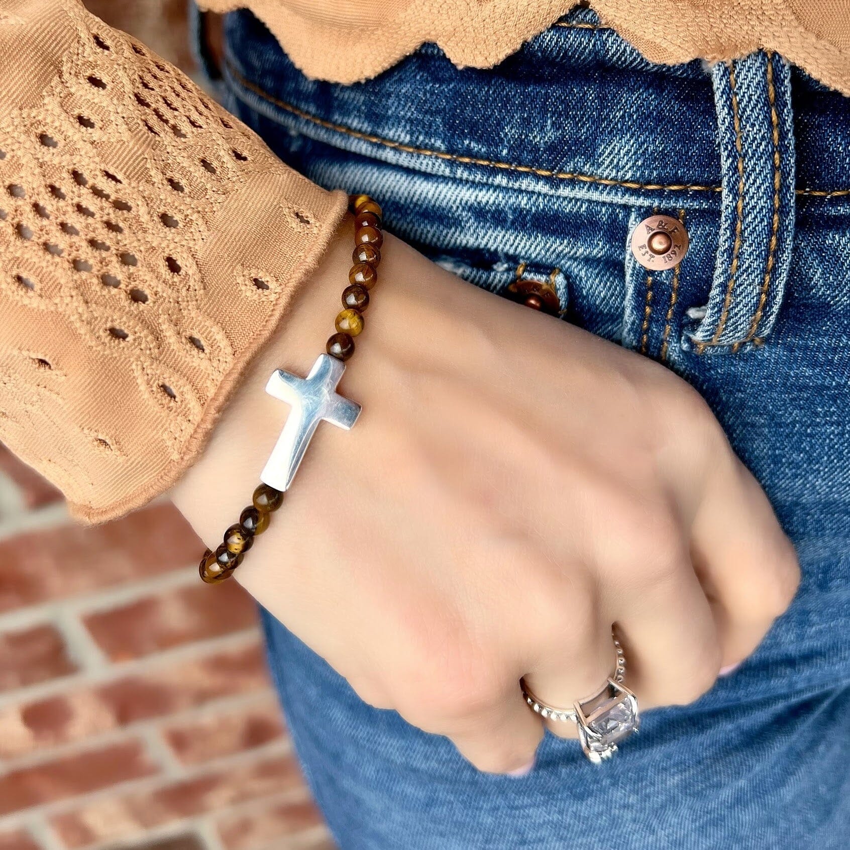 Designer bracelet with Tiger's Eye beads and sterling silver cross