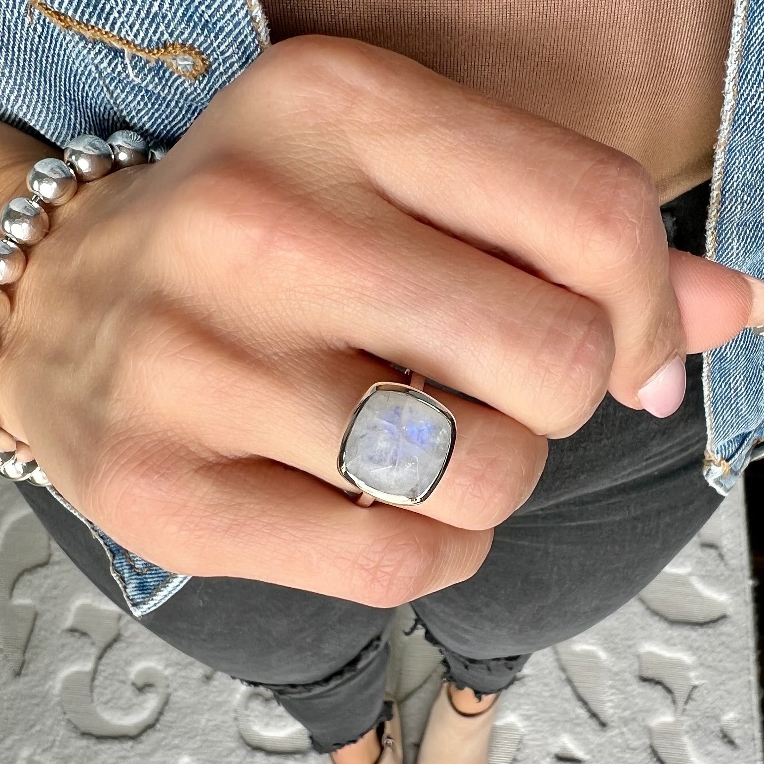 .925 sterling silver and rainbow moonstone ring paired with beaded bracelet