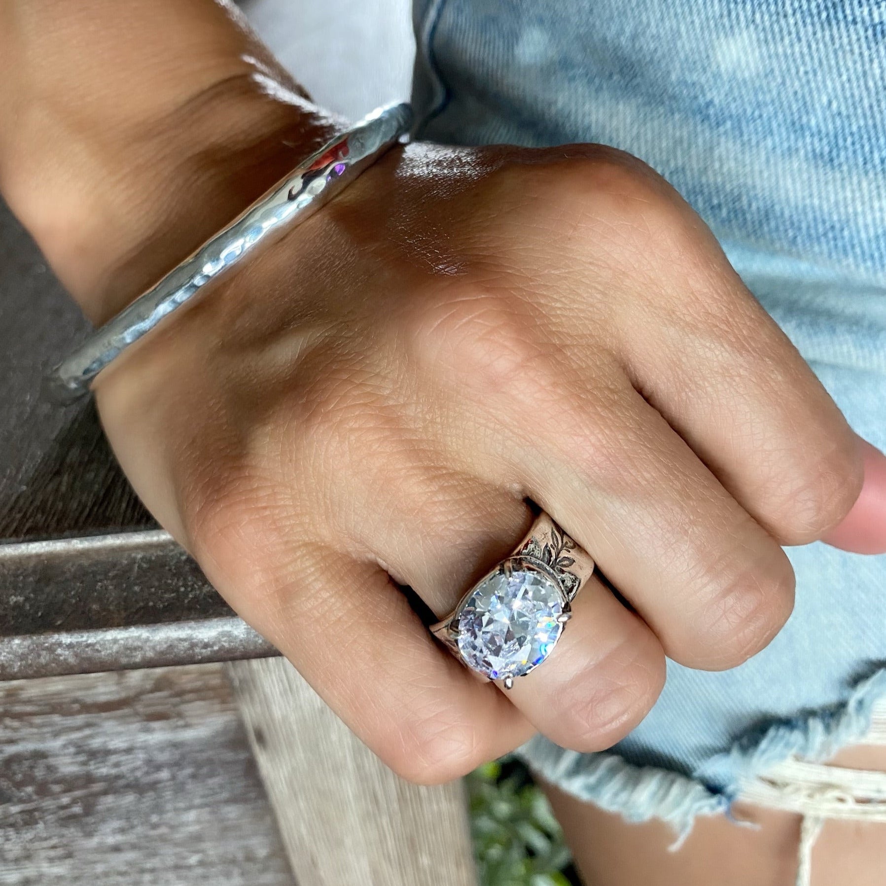 chunky sterling silver ring with a big clear cz