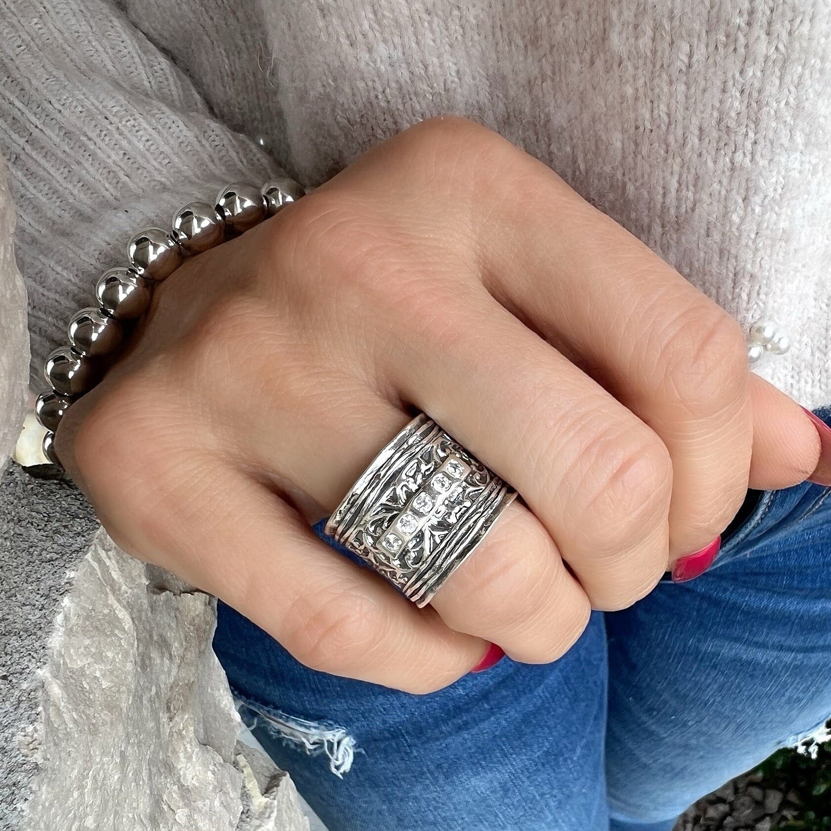 chunky sterling silver jewelry - Lacey Dacey Ring and Classic Bead Bracelet