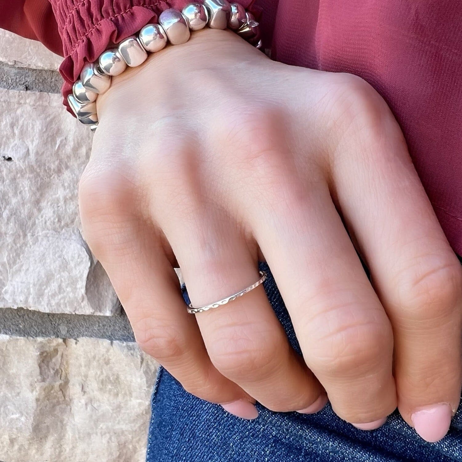 dainty ring paired with chunky stretch bracelet - Thinline Hammered Band & Roundabout