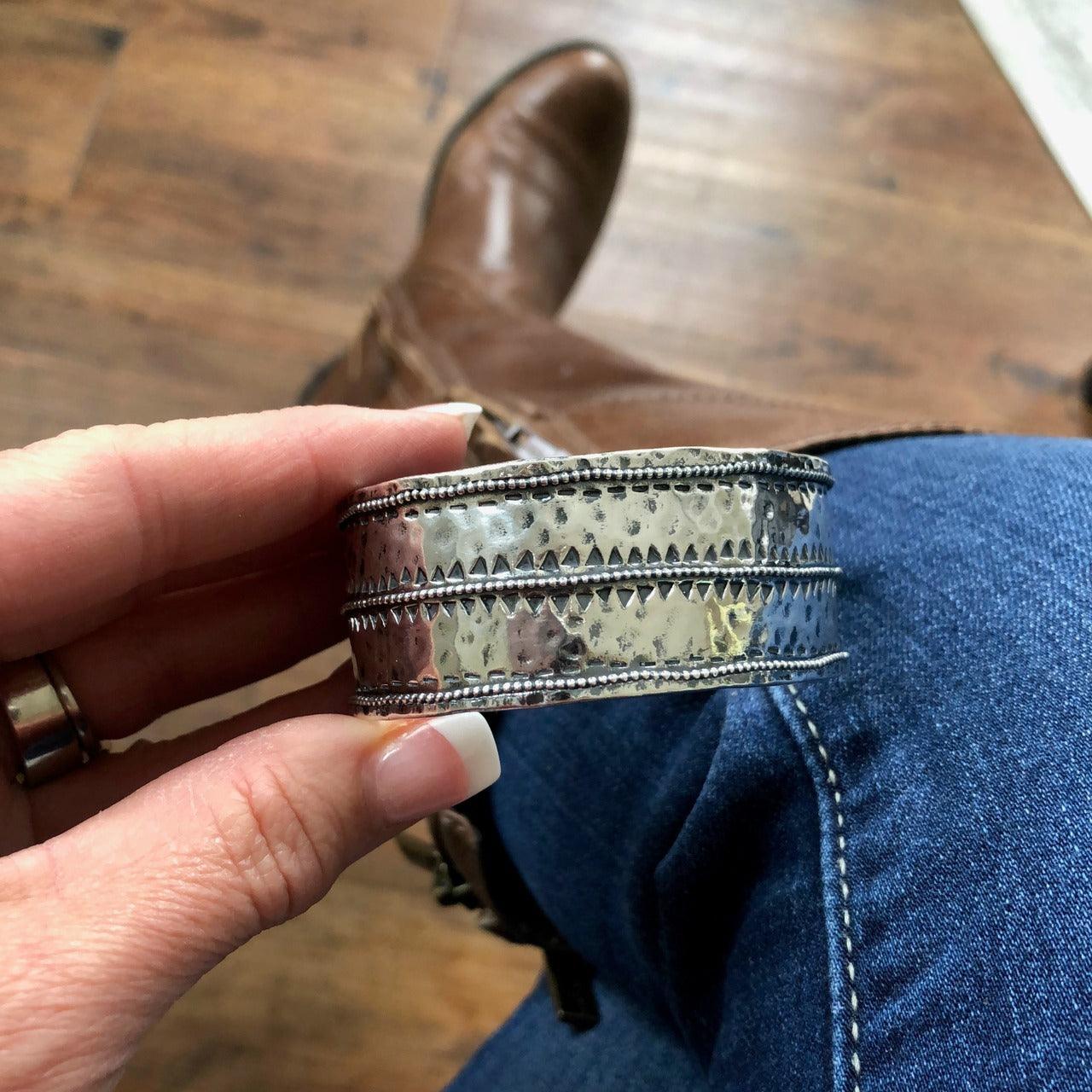 Hammered cuff bracelet with southwest Aztec design