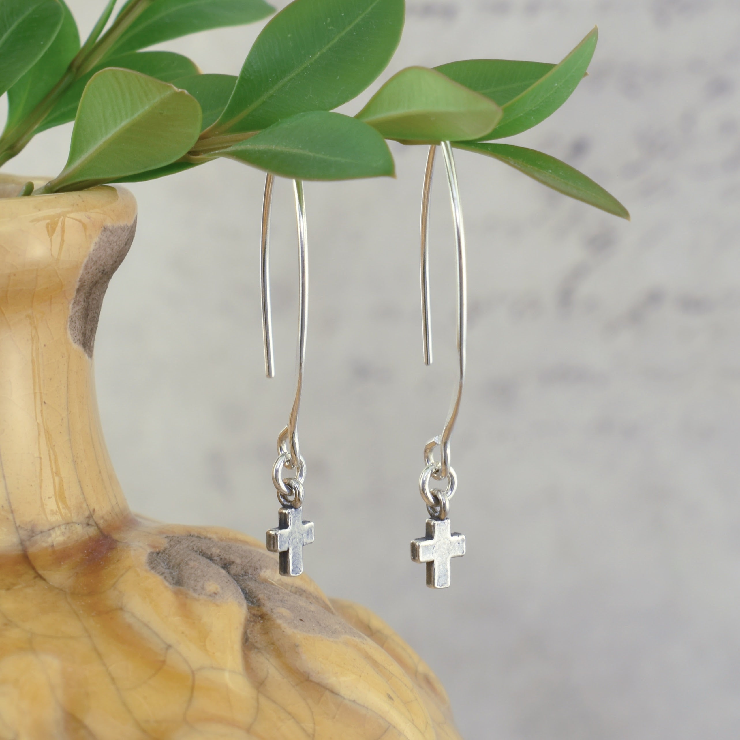 .925 sterling silver v wire cross dangling earrings