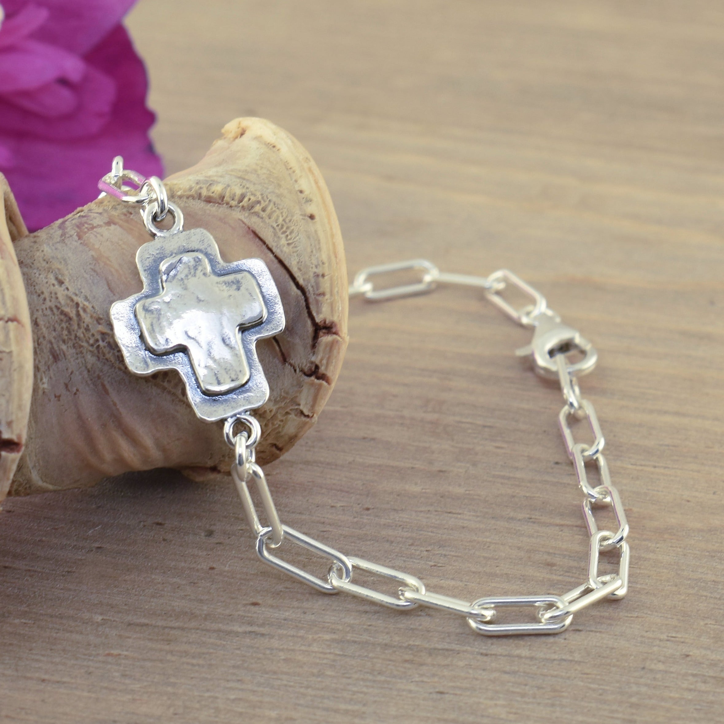 ..925 sterling silver cross bracelet on paperclip chain