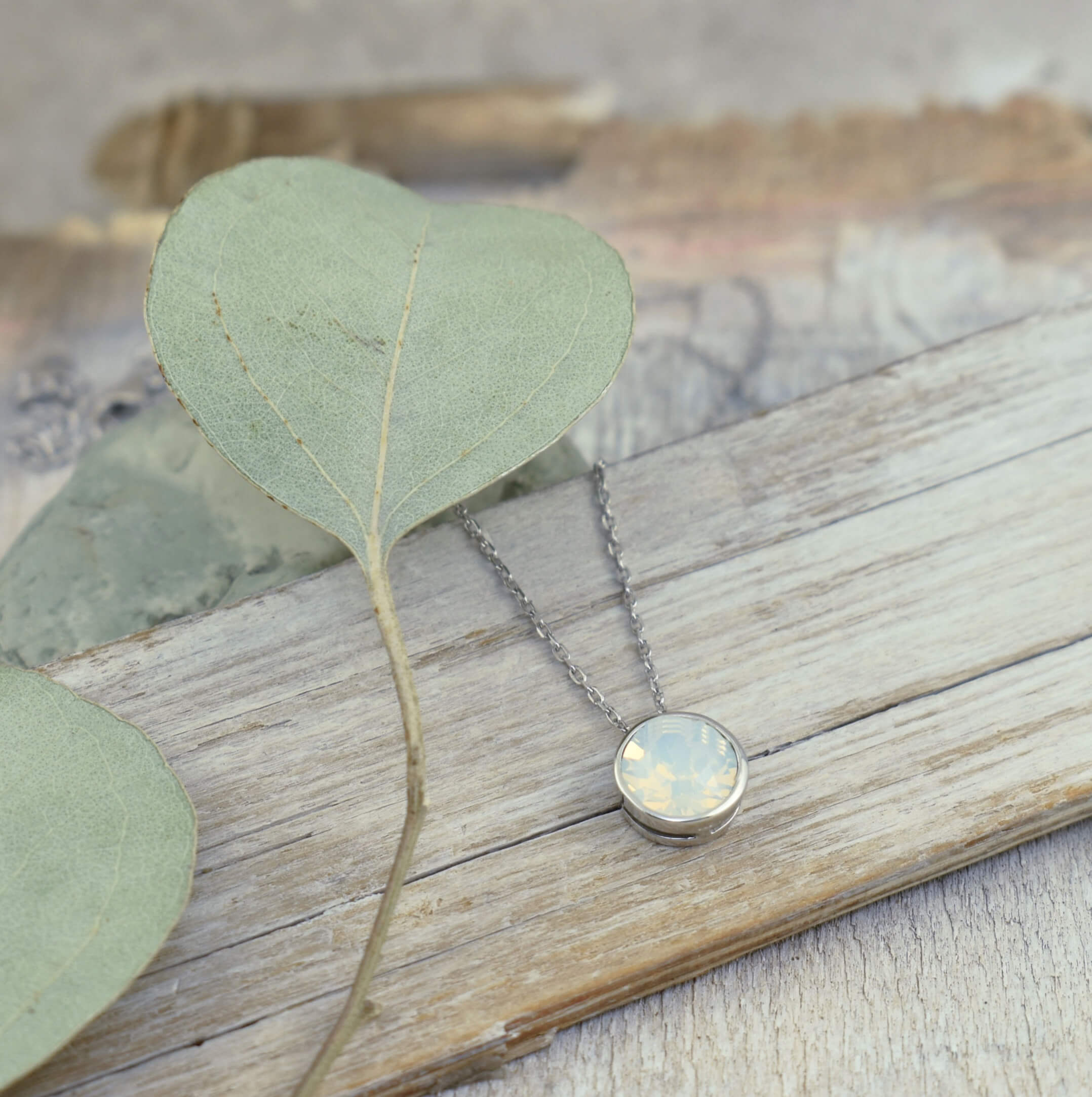 .925 sterling silver necklace with round white opal Austrian crystal